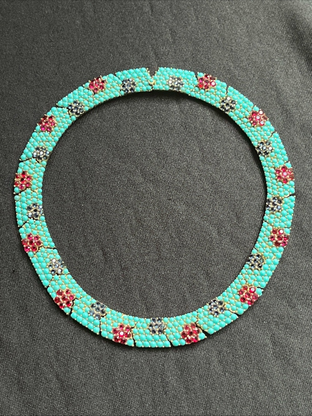 Vintage crown Trifari turquoise cabochons ruby & blue rhinestone collar necklace